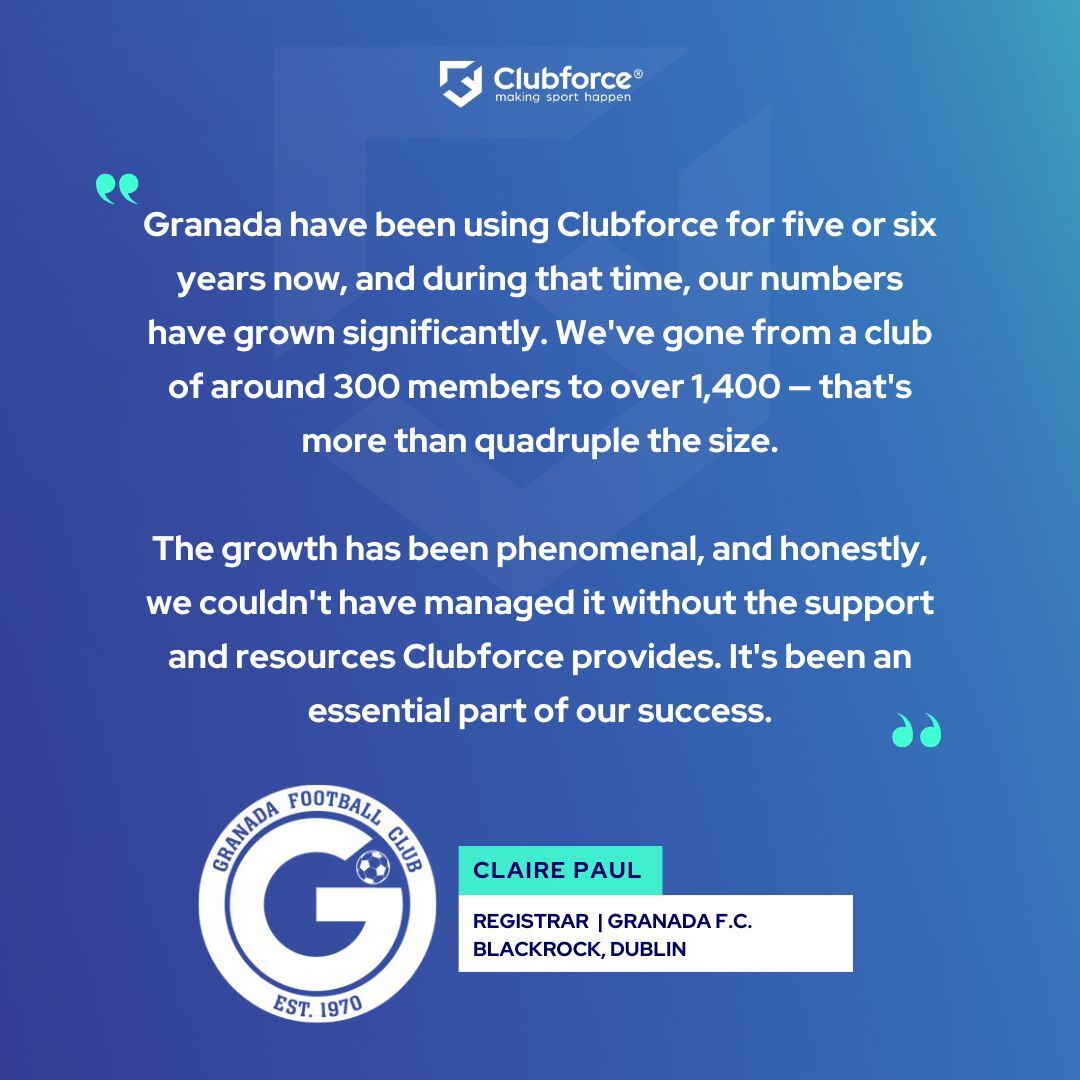 WeAreClubforce's tweet image. We love seeing clubs grow! ❤️
Granada F.C. has gone from 300 to over 1,400 members — and we're so proud Clubforce played a part in that incredible journey.

#ClubGrowth #Testimonial #GrassrootsSports