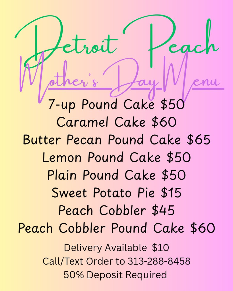 TheDetroitPeach's tweet photo. You still have time to place your order for Mother's Day! Text/call 313-288-8458.
#mothersday
#detroitbaker
#DetroitPeach 
#homemade
#celebratemom
#wedeliver https://t.co/qL5In31wlr