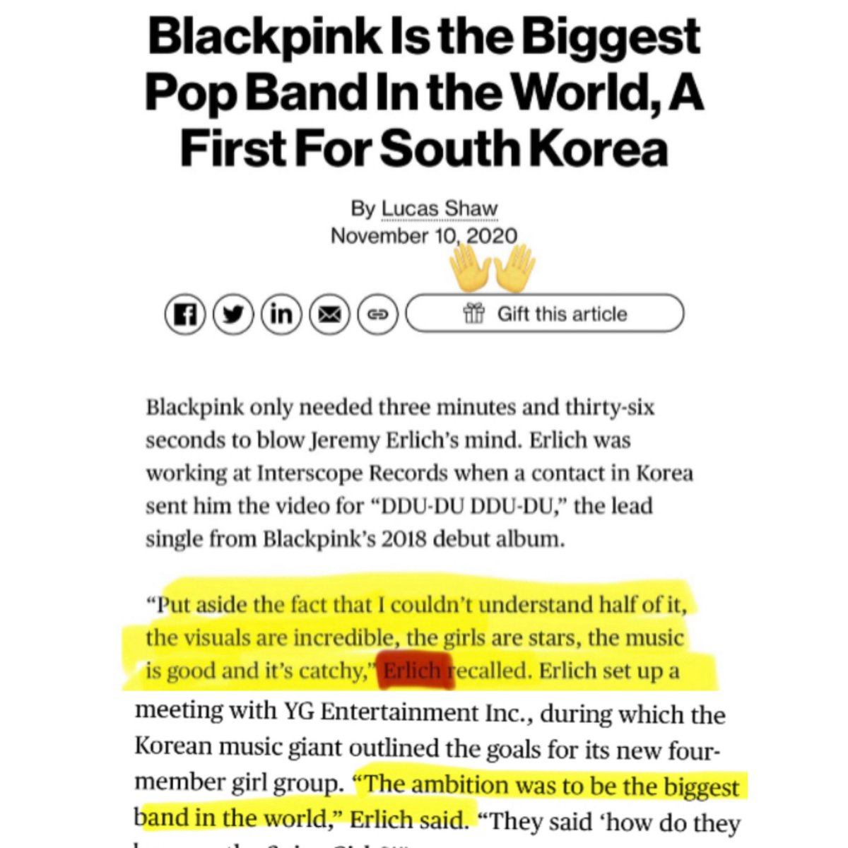 prdevill's tweet photo. Thread 🧵 

Bloomberg Interview with CEO of Sp. Jeremy Erlich (2020): 

"Blackpink Is the Biggest Pop Band In the World"

"The ambition was to be the biggest band in the world," Erlich said."

"Unlike those boy bands, theyre multilingual, which gives them even more global appeal" https://t.co/cWZ0PKeneY