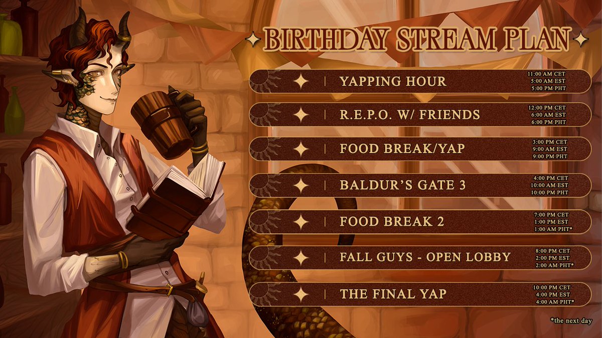 🎉12 HOURS BIRTHDAY STREAM ON SUNDAY  🎉

To celebrate another completed round around the sun, I am inviting you to celebrate with me on Twitch!  
No matter if I try to survive in friends in REPO, show you the beauty of BG3 (and my blorbo) or kick your ass in Fall Guys!