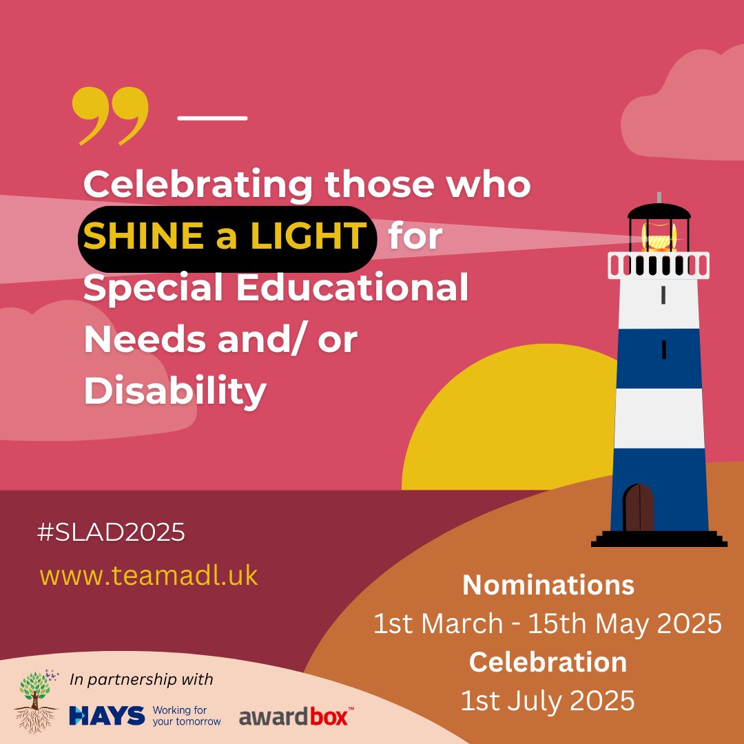 Only 15 days left to nominate someone for SEND Leaders' Appreciation Day 2025 ... is there someone you think goes that extra mile to support special educational needs and disability?

Read more here and nominate someone! #SLAD2025
teamadl.uk/send-leaders-a…