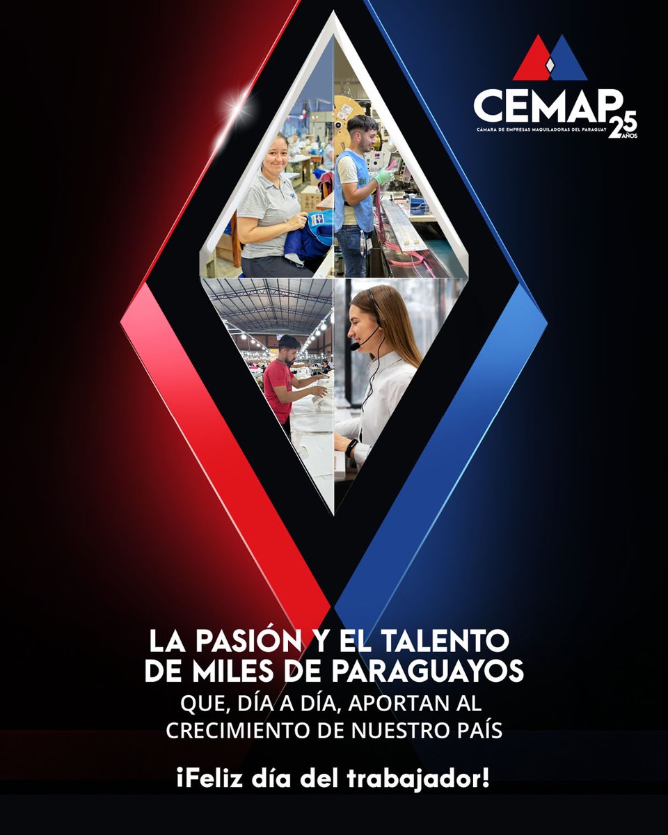 MaquilaParaguay's tweet photo. Hoy celebramos a los miles de paraguayos que contribuyen al crecimiento de nuestro país 🇵🇾
Su talento, compromiso y esfuerzo son el motor de nuestro desarrollo.
#CEMAP25 #MaquilaParaguay #CalidadAlMundo #MaquilandoElFuturo https://t.co/CkVPfZcRhN