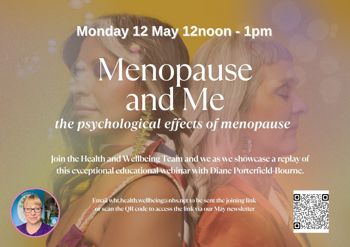 Walsall Healthcare Staff Health and Wellbeing Team (@nhswellbeing) on Twitter photo Calling all <a href="/WalsallHcareNHS/">Walsall Healthcare</a> staff, join us today for a replay of this fantastic webinar from Diane, a specialist nurse , exploring the psychological effects of menopause. No need to book, just join via the link in our May newsletter. Calling all <a href="/WalsallHcareNHS/">Walsall Healthcare</a> staff, join us today for a replay of this fantastic webinar from Diane, a specialist nurse , exploring the psychological effects of menopause. No need to book, just join via the link in our May newsletter.