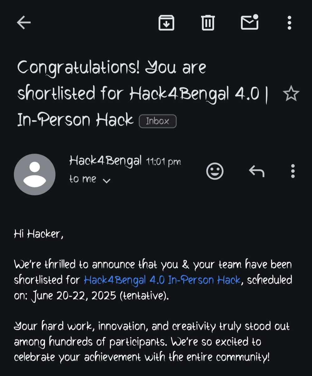 ❤️‍🔥Thrilled to share that our team is among the 30 selected for the offline #HackForBangla 4.0 hackathon! Excited to innovate, collaborate, and build for impact. Let's do this! 🧿

❣️Thanks to <a href="/hack4bengal/">Hack4Bengal</a> for this opportunity.