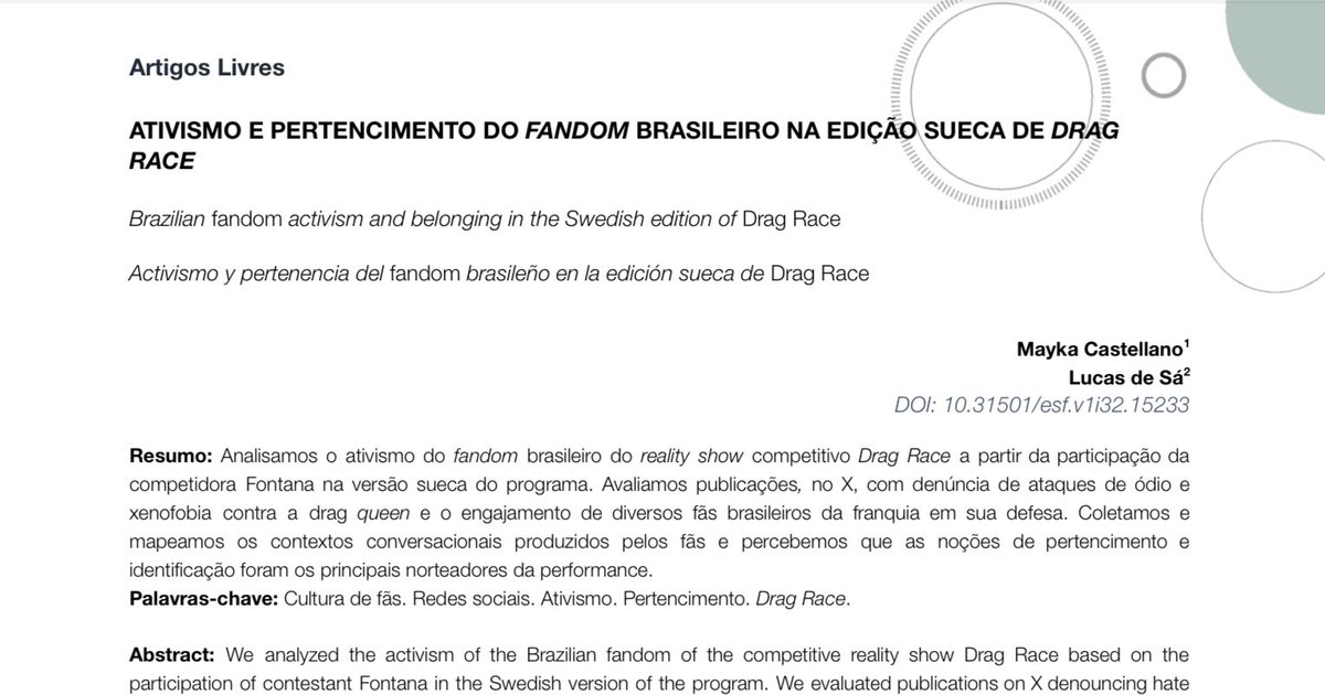 🇧🇷💅🏼 The Brazilian beauty has arrived! Saiu o primeiro artigo que escrevi no meu mestrado, em que analisei o ativismo e pertencimento do fandom br de Drag Race a partir da xenofobia sofrida por <a href="/itsfontana/">FONTANA</a> em sua participação na versão sueca.

🔗 portalrevistas.ucb.br/index.php/esf/…