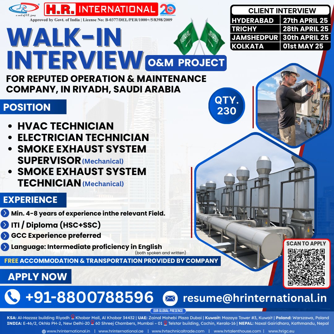 hriuae's tweet image. 📢 Walk-in Interviews for Riyadh O&amp;amp;M Project!
Hiring HVAC &amp;amp; Electrician Technicians, Mechanical Supervisors.
Interviews in HYD, TRICHY, JAMSHEDPUR, KOLKATA – Apr 27 to May 1
📞 +91-8800788596
📧 resume@hrinternational.in
#SaudiJobs #WalkInInterview #HVACTechnician #GulfJobs