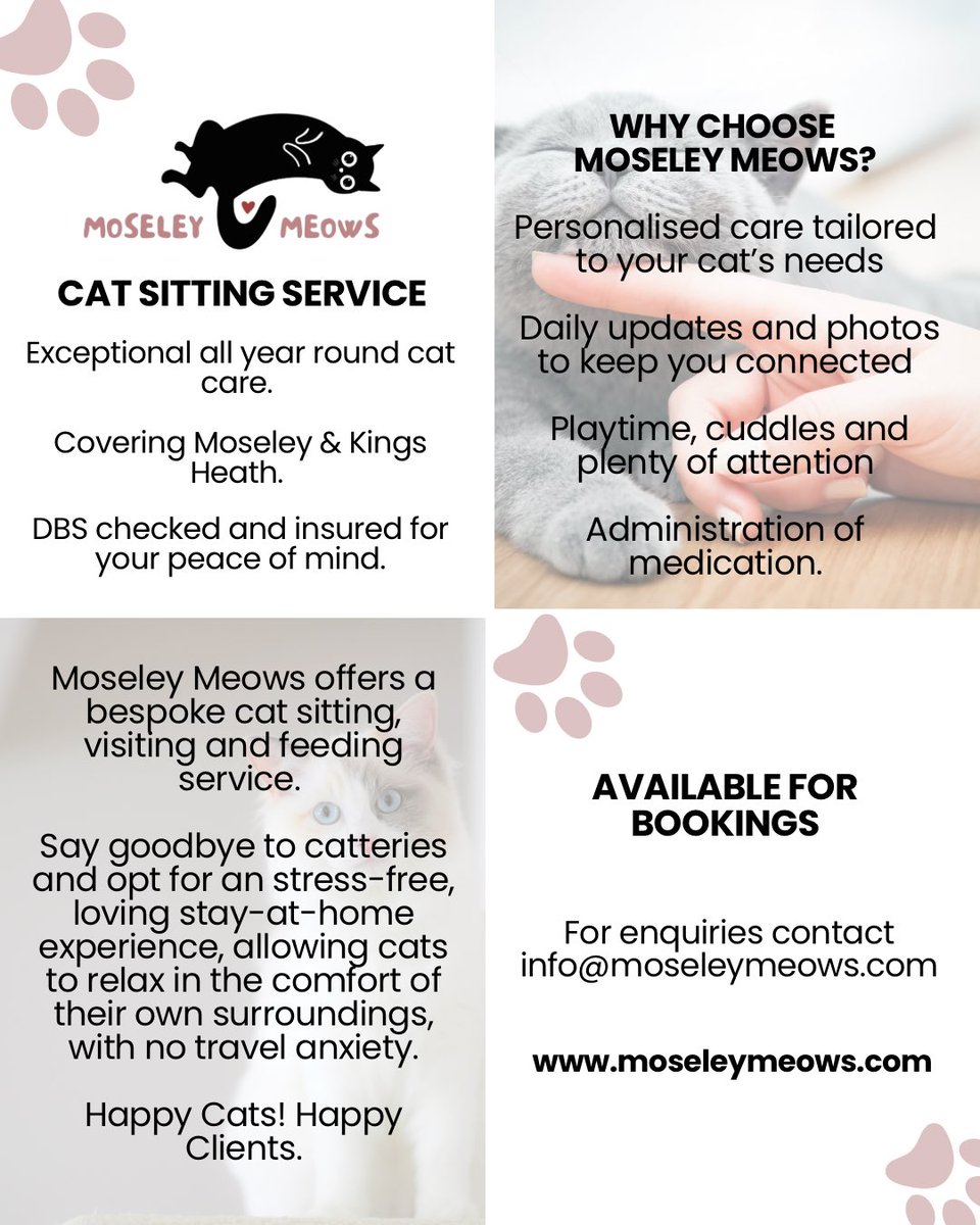 Looking for a local, trustworthy cat sitter? Moseley Meows is here for your feline friends all year round! With years of experience and a genuine love for cats, we treat them like family. Serving Moseley &amp; Kings Heath. Now taking summer bookings. 

moseleymeows.com