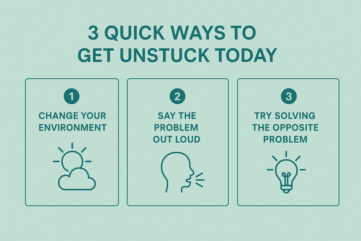 JGRsolutions's tweet photo. 3 Quick Ways to Get Unstuck Today:

1) Change your environment (even 5 minutes outside helps)
2) Say the problem out loud
3) Try solving the opposite problem.

Save this list. Refer back when your brain feels foggy.
#ProblemSolvingTips #CreativeFlow #MindsetShift https://t.co/mM14fuR7bR