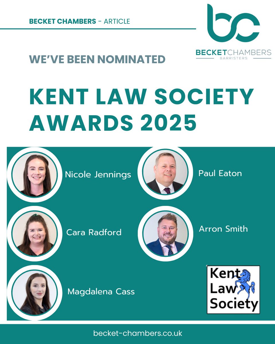 Becket Chambers (@becketchambers) on Twitter photo We’re proud to announce that five members of Becket Chambers have been named finalists in the <a href="/kentlawsociety/">Kent Law Society</a> Awards 2025!
Congratulations to Paul Eaton, Nicole Jennings, Cara Radford, Magdalena Cass, & Arron Smith.
Looking forward to celebrating at the Annual Dinner on 16th May. We’re proud to announce that five members of Becket Chambers have been named finalists in the <a href="/kentlawsociety/">Kent Law Society</a> Awards 2025!
Congratulations to Paul Eaton, Nicole Jennings, Cara Radford, Magdalena Cass, & Arron Smith.
Looking forward to celebrating at the Annual Dinner on 16th May.