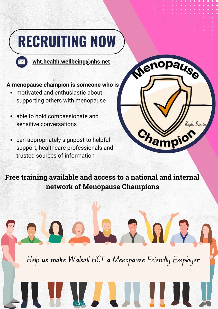 We have a fantastic opportunity for <a href="/WalsallHcareNHS/">Walsall Healthcare</a> staff to become Menopause Champions and help us on our journey to Menopause Accreditation from <a href="/HenPicked_UK/">Henpicked</a> Contact the HWB team for more information