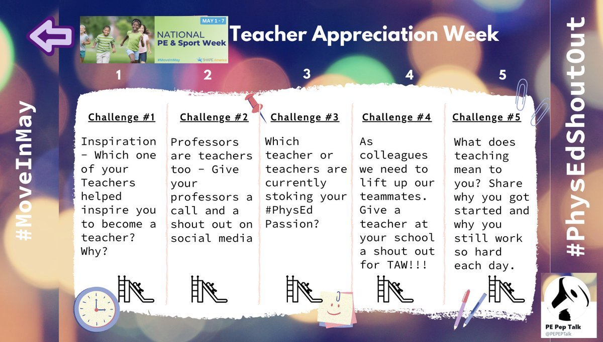 Physical Education Pep Talk (@pepeptalk) on Twitter photo #TAW Challenges for National PE & Sport Week led by <a href="/SHAPEAmerica/">SHAPE America</a>
Lift up our #PhysEd professors, teachers, colleagues, & supporters, as we #StokeTheFire for others.
ReKINdle the depth of our passion & purpose.
Are you up to the challenge?
Start -> docs.google.com/presentation/d⦠#TAW Challenges for National PE & Sport Week led by <a href="/SHAPEAmerica/">SHAPE America</a>
Lift up our #PhysEd professors, teachers, colleagues, & supporters, as we #StokeTheFire for others.
ReKINdle the depth of our passion & purpose.
Are you up to the challenge?
Start -> docs.google.com/presentation/dā¦