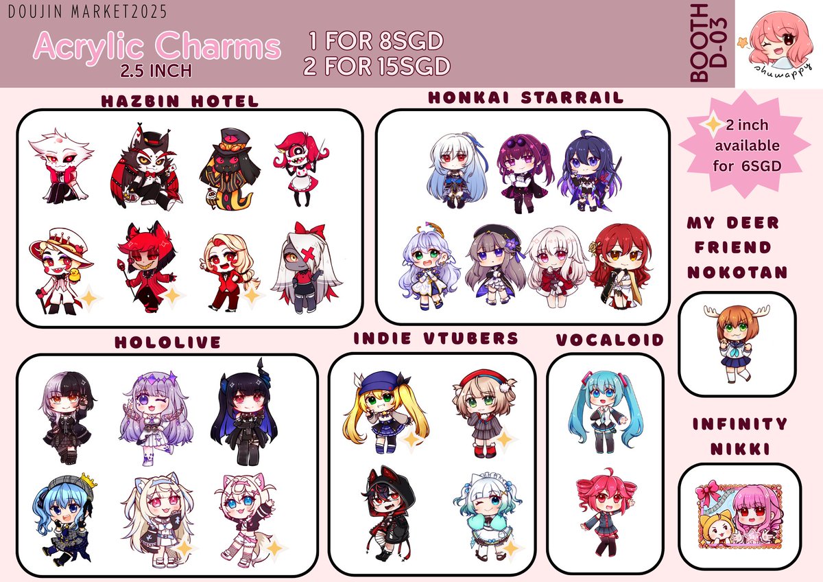 shuwappy's tweet photo. Heyyo everyone!
I will be at Doujin Market this May 10-11~

Come visit me and my boothmate, @bunnybluecrafts at Booth D-03. My variety of merch includes Hazbin, Starrail, zzz , Hololive, Alnst etc~

See you soon!

#doujima2025 #doujimasg #doujimacatalogue https://t.co/TjsJ1URpOW