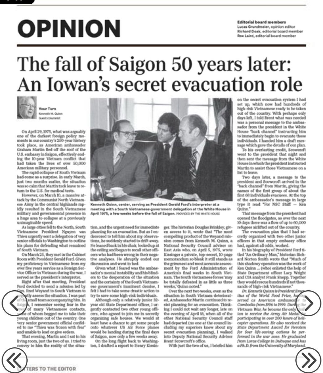 Fmr Ambassador Ken Quinn reminisces about his role in evacuation of Vietnamese allies before the fall of Saigon. Parallels to our hasty withdrawal of Afghanistan 🇦🇫? <a href="/DMRegister/">Des Moines Register</a>