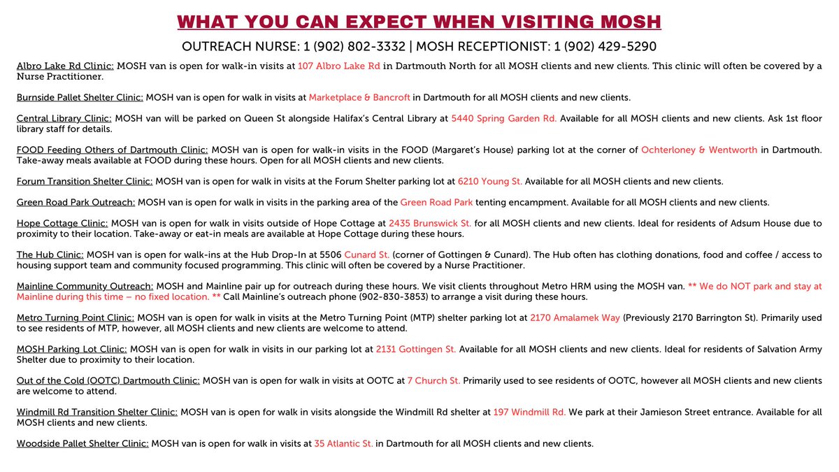 May 2025: MOSH Schedule

Weekly Schedule: Clinics and outreach services available Monday to Friday at various locations

Notes: Services include general medical care, outreach visits, and access to community resources

For more info, call the MOSH team at the provided numbers