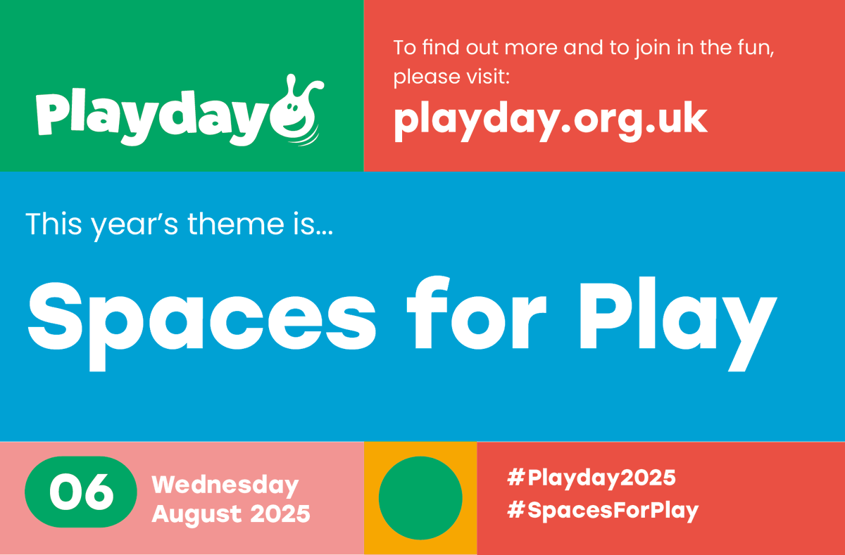 National Playday (@nationalplayday) on Twitter photo 🎉 We are delighted to share that the theme for #Playday2025 is ... Spaces for Play!
Find out more at playday.org.uk #SpacesForPlay
Playday is coordinated by <a href="/PlayScotland/">Play Scotland</a>, <a href="/playboard_/">PlayBoard NI</a> , <a href="/PlayWales/">Play Wales</a> & <a href="/PlayEngland/">Play England</a> 🎉 We are delighted to share that the theme for #Playday2025 is ... Spaces for Play!
Find out more at playday.org.uk #SpacesForPlay
Playday is coordinated by <a href="/PlayScotland/">Play Scotland</a>, <a href="/playboard_/">PlayBoard NI</a> , <a href="/PlayWales/">Play Wales</a> & <a href="/PlayEngland/">Play England</a>