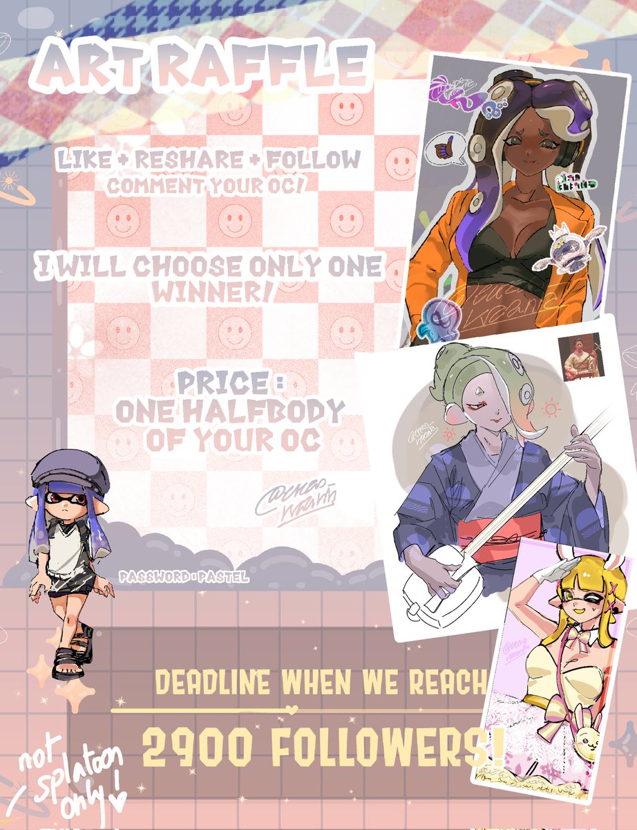 🔆 NEW ART RAFFLE 🔆

/!\ Not Splatoon only /!\

• like 💜, reshare 🔁 and follow 👥
• comment your oc 💕

Price : one winner only! 
→ one halfbod of your character!

Deadline at 2900 followers 
Good luck everyone!