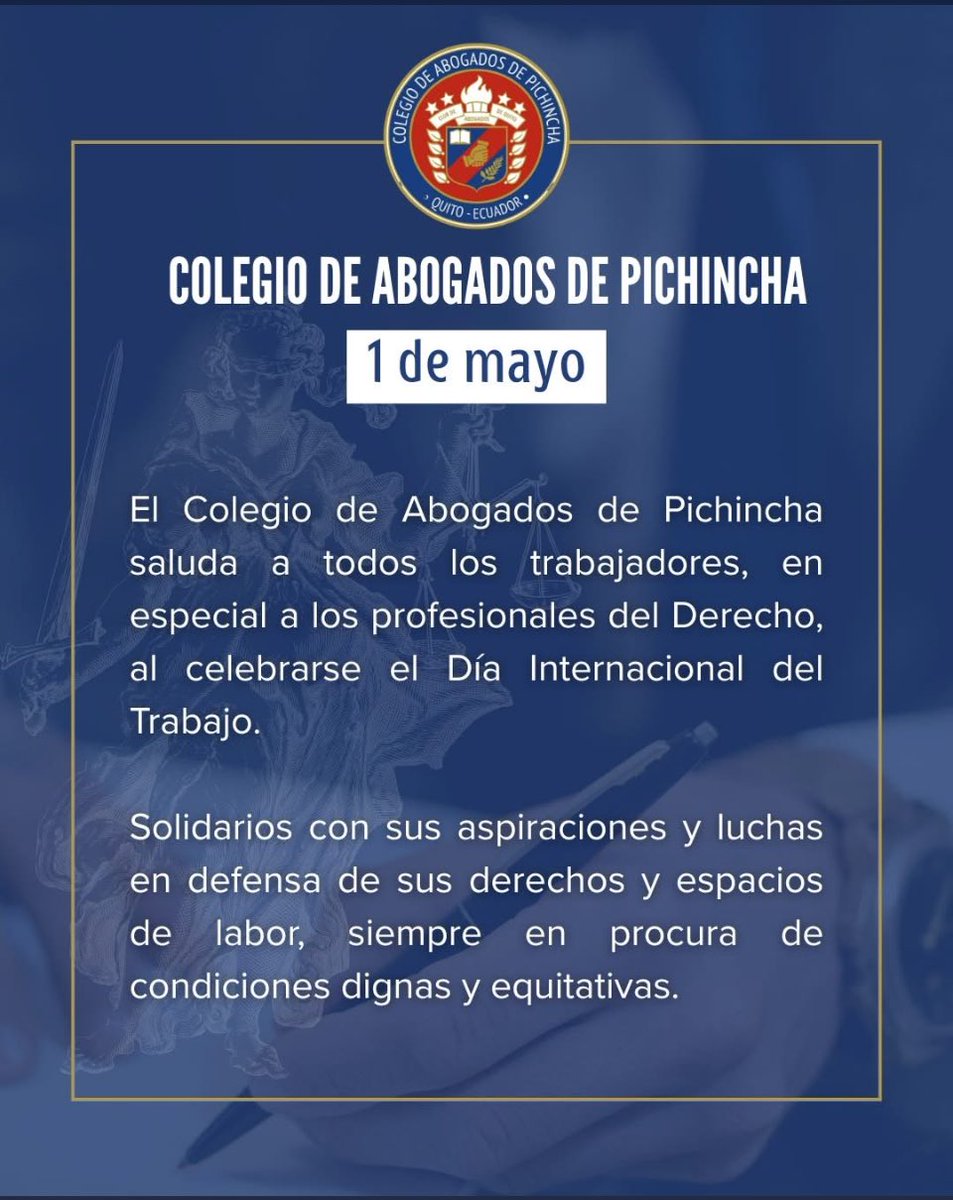 mariomolinab1's tweet photo. En este día universal del trabajo, saludamos al abogad@ del 🇪🇨Nuestro compromiso, como ⁦@ColAbgPichincha⁩ y ⁦@FENADE_EC⁩ luchar por la defensa de los derechos de los abogados en el libre ejercicio profesional, con una justicia libre de corrupción. https://t.co/3XdozmgTuq