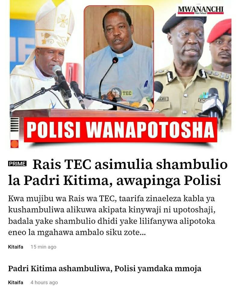 Mdude Nyagali (@mdudenyagali) on Twitter photo Kama polisi wanapotosha ni wazi kwamba wamepata taarifa hii kupitia chanzo kingine na sio kanisa ambalo lilikuwa na watu katika ofisi hizo za TEC. Sasa Muliro na <a href="/tanpol/">Police Force TZ</a> mtuambie taarifa za father Kitima kupata kinywaji na kwenda maliwato mmezitoa wapi?
Je chanzo chenu Kama polisi wanapotosha ni wazi kwamba wamepata taarifa hii kupitia chanzo kingine na sio kanisa ambalo lilikuwa na watu katika ofisi hizo za TEC. Sasa Muliro na <a href="/tanpol/">Police Force TZ</a> mtuambie taarifa za father Kitima kupata kinywaji na kwenda maliwato mmezitoa wapi?
Je chanzo chenu