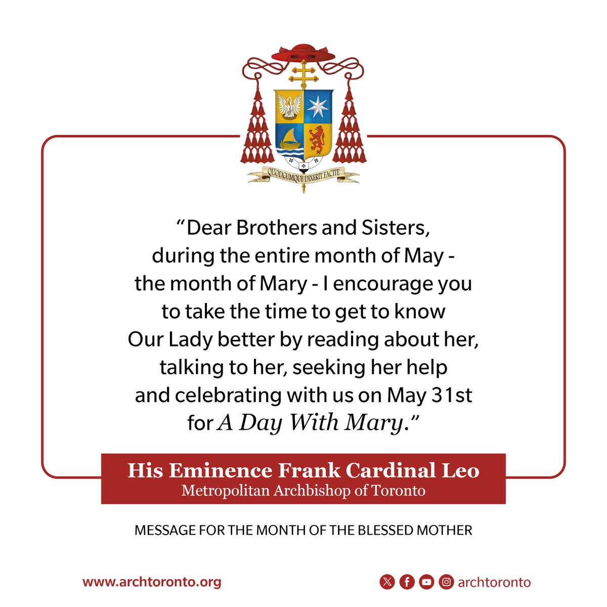 archtoronto's tweet photo. Read Frank Cardinal Leo's Message for the Month of the Blessed Mother  https://t.co/KksOw4Z1FU  #catholicTO https://t.co/F583pW0qxd