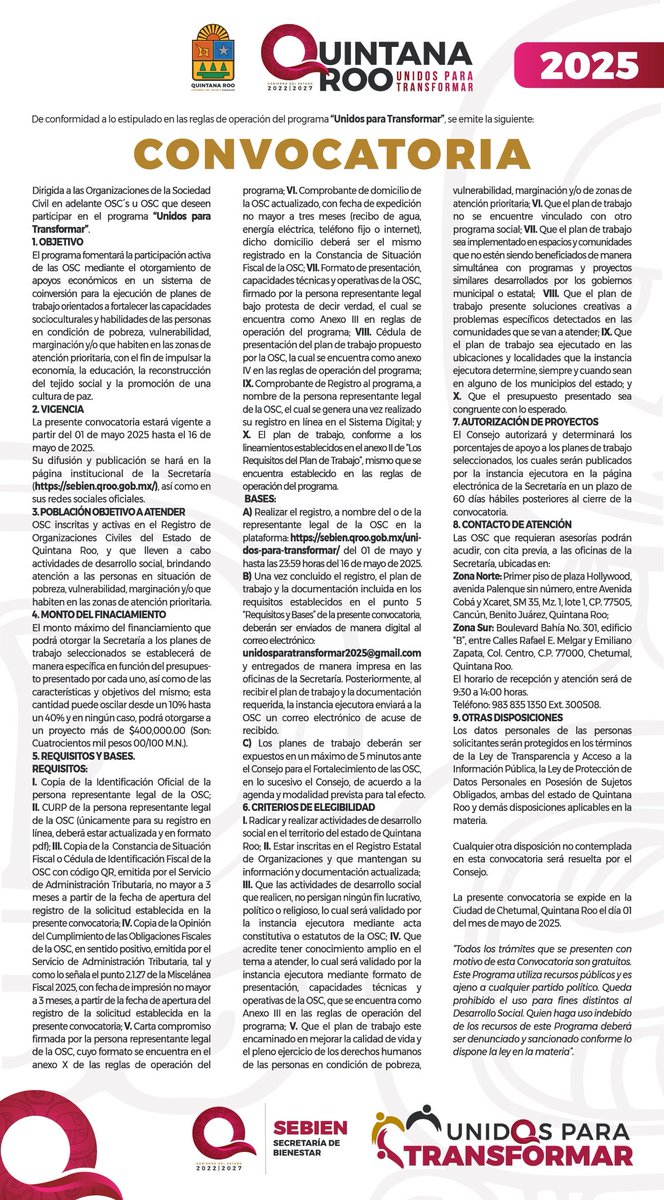 Mara Lezama (@maralezama) on Twitter photo ¡Atención, amig@s! Desde hoy 1 de mayo, ya están abiertas las convocatorias de los programas “Impulso” y “Unidos para Transformar” de la Secretaría de <a href="/BienestarQR/">Bienestar QRoo.</a>. 📣
Conozcan todos los requisitos y beneficios que ofrecen estos apoyos, para fortalecer nuestras comunidades y ¡Atención, amig@s! Desde hoy 1 de mayo, ya están abiertas las convocatorias de los programas “Impulso” y “Unidos para Transformar” de la Secretaría de <a href="/BienestarQR/">Bienestar QRoo.</a>. 📣
Conozcan todos los requisitos y beneficios que ofrecen estos apoyos, para fortalecer nuestras comunidades y