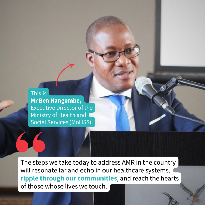WHO's tweet photo. Antimicrobial resistance (AMR) is a serious threat to health worldwide. In Namibia, the government is increasing public awareness of AMR, improving infection prevention and control, and strengthening surveillance.