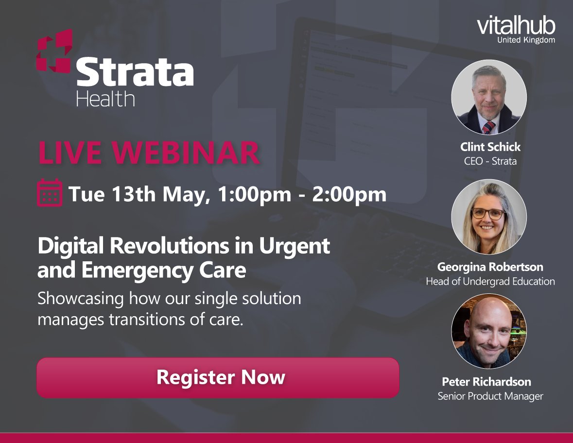 VitalHub UK (@vitalhubuk) on Twitter photo WEBINAR ANNOUNCEMENT! ๐ฃ
Join Clint Schick, Georgina Robertson and Peter Richardson for โDigital Revolutions in Urgent and Emergency Care', showcasing <a href="/StrataHealthUK/">Strata Health UK</a>'s urgent care model, developed with <a href="/ELHT_NHS/">East Lancashire Hospitals NHS Trust ๐</a> + <a href="/NHSEngland/">NHS England</a>.
๐
13 May, 1-2pm
๐๏ธ microsoft.pulse.ly/siztzzozcd WEBINAR ANNOUNCEMENT! ๐ฃ
Join Clint Schick, Georgina Robertson and Peter Richardson for โDigital Revolutions in Urgent and Emergency Care', showcasing <a href="/StrataHealthUK/">Strata Health UK</a>'s urgent care model, developed with <a href="/ELHT_NHS/">East Lancashire Hospitals NHS Trust ๐</a> + <a href="/NHSEngland/">NHS England</a>.
๐
13 May, 1-2pm
๐๏ธ microsoft.pulse.ly/siztzzozcd