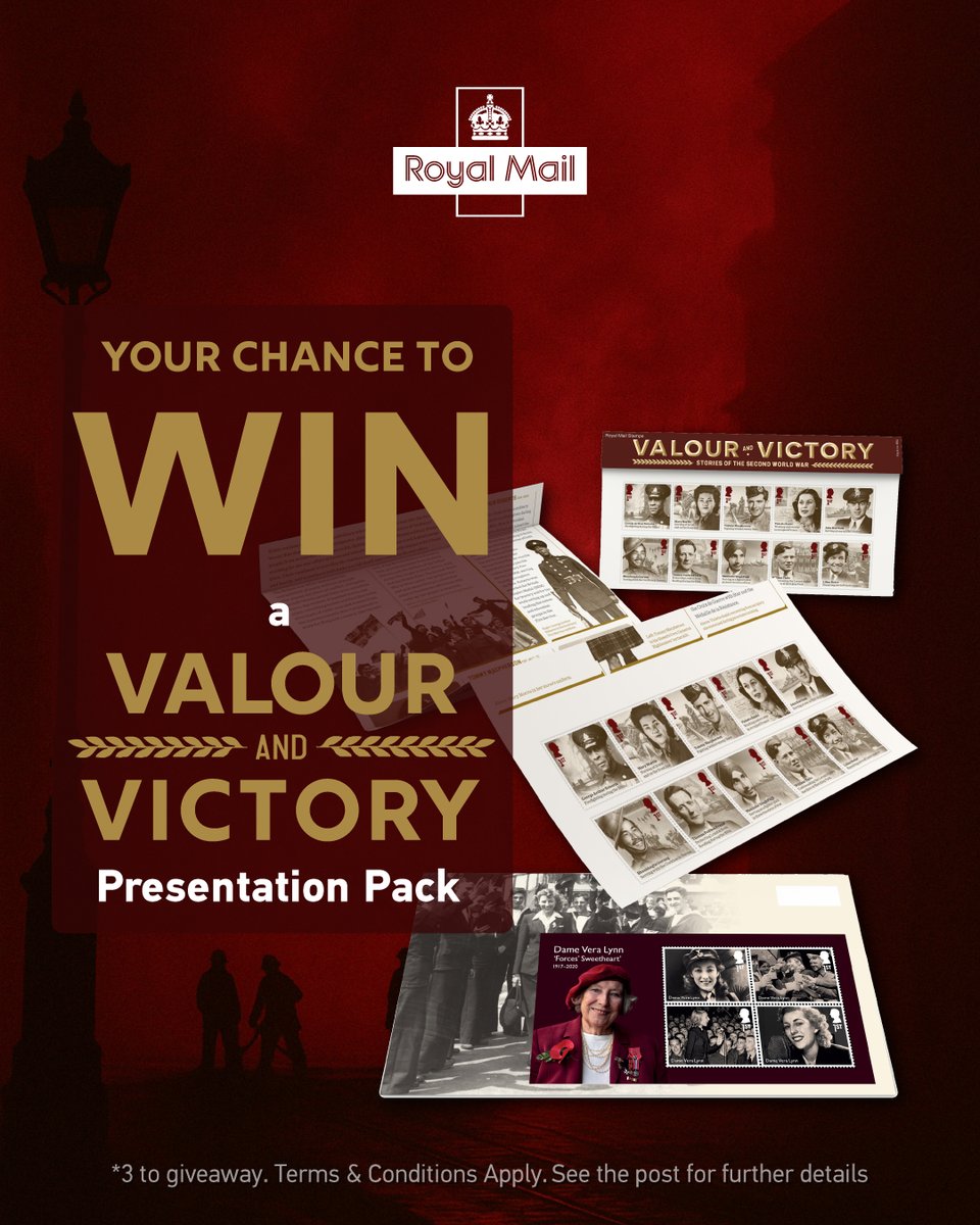 Here's your chance to win a Valour and Victory Presentation Pack (3 to give away). 
 
 Q. On what date do we commemorate VE Day?
 
 To enter, like+RT+reply below with the correct answer by 11:59pm on 06/05/2025
 
 18+ UK only. Ts &amp; Cs: royalmail.com/d8/socialmedia…