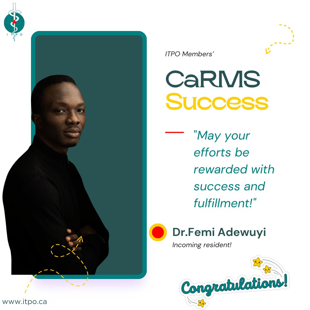 Here’s a shortened version for Twitter: 🎉 Huge congrats to Dr. Femi Adewuyi for matching into Psychiatry! 🧠👏
Femi found ITPO’s sessions helpful &amp; now pays it forward by recommending them to others. That’s the spirit! 💙
#Matched2025 #Psychiatry #CaRMSMatch #ITPO #IMGSuccess