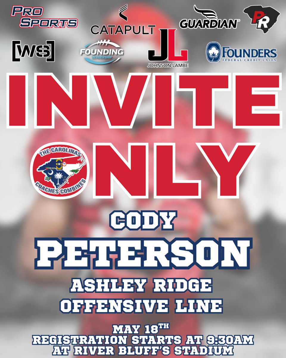 Carolinas Coaches Combine (@coachescombines) on Twitter photo Congratulations to Cody Peterson from <a href="/SwampFoxesFB/">Ashley Ridge Football</a> for being selected to attend the Invite-Only Event on May 18 at River Bluff High School! Registration begins at 9:30 AM!
#CCC2025 @johnsonlambe <a href="/SCFCA1/">SCFCA</a> <a href="/CodyPeterson123/">Cody Peterson</a> <a href="/TatejCoach/">Coach Jeff Tate</a> Congratulations to Cody Peterson from <a href="/SwampFoxesFB/">Ashley Ridge Football</a> for being selected to attend the Invite-Only Event on May 18 at River Bluff High School! Registration begins at 9:30 AM!
#CCC2025 @johnsonlambe <a href="/SCFCA1/">SCFCA</a> <a href="/CodyPeterson123/">Cody Peterson</a> <a href="/TatejCoach/">Coach Jeff Tate</a>