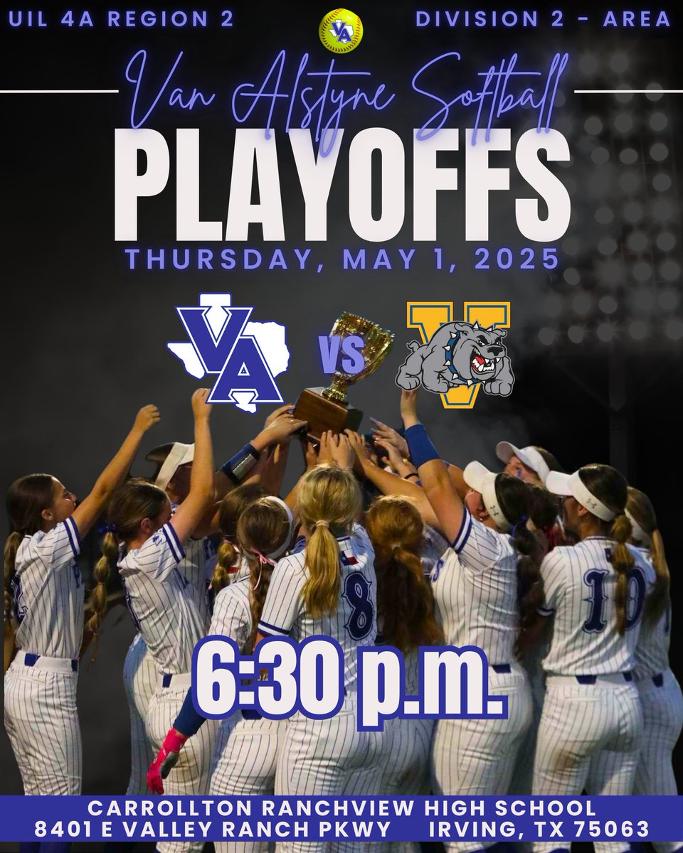 It's Game Day! Van Alstyne vs Venus in a single game Area Championship. Let's fill the stands with our Panther fans and cheer on Team33 to another win!

Team send off from the Texas Bank parking lot at 3:00 p.m.

Tickets: my.hometownticketing.com/agency/92840e8…
There is a clear bag policy.