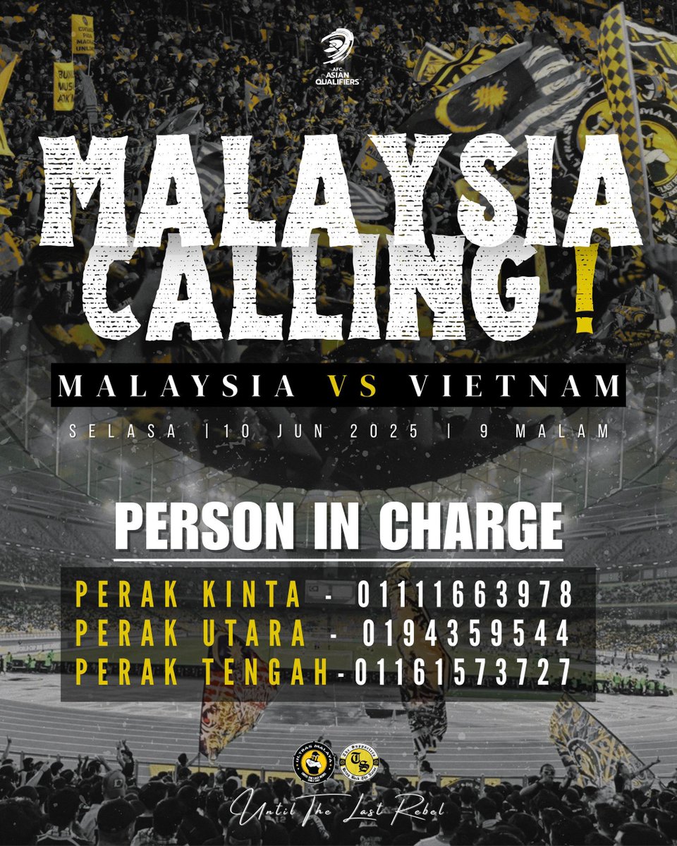 PANGGILAN PERTIWI 🇲🇾

Kelayakan Piala Asia 2027. Kepada semua Anak Malaysia terutamanya yang berada di Perak. Ayuh kita bersama. Hubungi Pic kita ke Bukit Jalil. 

wasap.my/+601111663978/…

wasap.my/+601161573727/…

wasap.my/+60194359544/P…

#ANAKMALAYSIA
#THESUPPORTERS