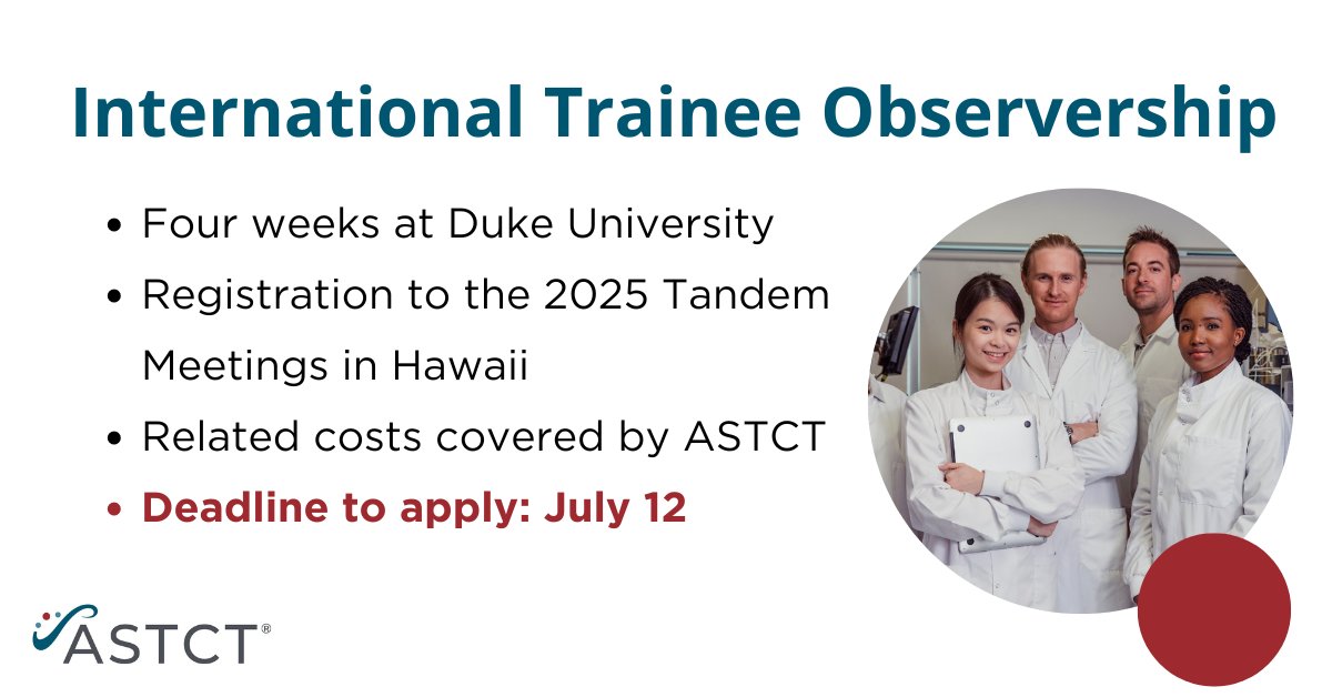 ASTCT (@astct) on Twitter photo Applications are open for the 2026 International Trainee Observership Program. One international trainee from a low/mid-income country will participate in 4 week-long observership at the <a href="/UofCAHealth/">University of California Health</a> - Irvine.
📆 Deadline to apply: Friday, June 13
ow.ly/Ih0650VK0vn Applications are open for the 2026 International Trainee Observership Program. One international trainee from a low/mid-income country will participate in 4 week-long observership at the <a href="/UofCAHealth/">University of California Health</a> - Irvine.
📆 Deadline to apply: Friday, June 13
ow.ly/Ih0650VK0vn