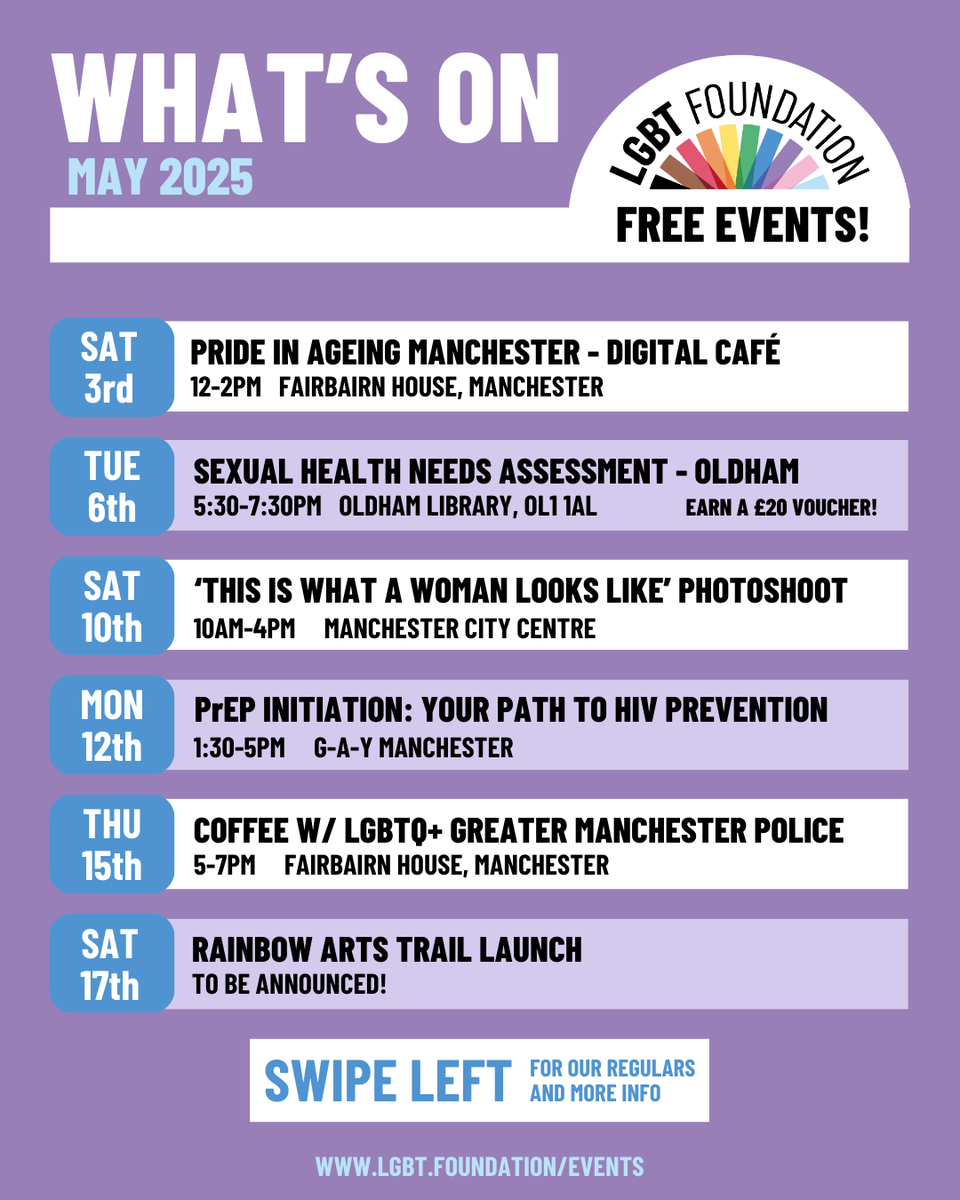 LGBTfdn's tweet photo. What's On in MAY at LGBT Foundation ๐๐ฎ
Visit https://t.co/SVOU0ppj8z for more opportunities to make your mark and become a part of our vibrant community.โจ
#LGBTFoundation #LGBTFoundation50 #Womanhood #ManchesterLife #LGBTEvents #GayManchester #GayVillage #ManchesterEvents https://t.co/9gr9vt32M5