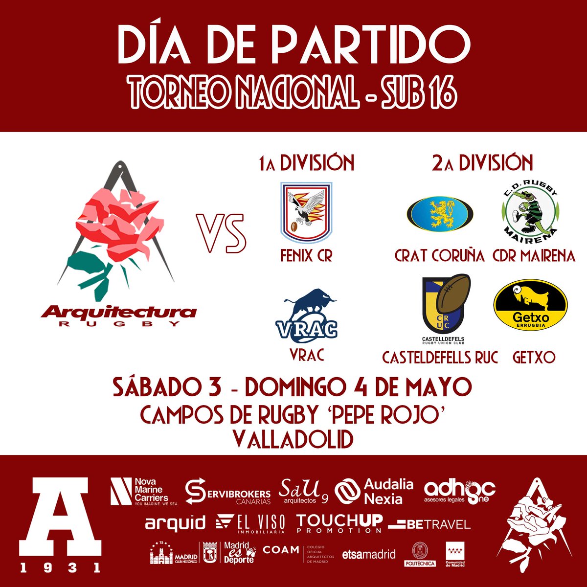 Club Deportivo Arquitectura (@cdarquitectura) on Twitter photo 📢PROGRAMACIÓN FIN DE SEMANA🏉
¡Aúpa Escuela!🌹
#cda #arquitecturaugby #rugbymadrid #NuestroRugby
<a href="/ferugby/">España Rugby</a>
<a href="/RugbyMadrid/">Federación de Rugby de Madrid</a>
<a href="/ComunidadMadrid/">Comunidad de Madrid</a>
<a href="/MADRID/">Ayuntamiento Madrid</a>
<a href="/JMDvivallecas/">Villa de Vallecas</a>
<a href="/La_UPM/">Universidad Politécnica de Madrid</a>
<a href="/ETSAMadrid/">ETSAM</a>
<a href="/COAMadrid/">COAM</a> 📢PROGRAMACIÓN FIN DE SEMANA🏉
¡Aúpa Escuela!🌹
#cda #arquitecturaugby #rugbymadrid #NuestroRugby
<a href="/ferugby/">España Rugby</a>
<a href="/RugbyMadrid/">Federación de Rugby de Madrid</a>
<a href="/ComunidadMadrid/">Comunidad de Madrid</a>
<a href="/MADRID/">Ayuntamiento Madrid</a>
<a href="/JMDvivallecas/">Villa de Vallecas</a>
<a href="/La_UPM/">Universidad Politécnica de Madrid</a>
<a href="/ETSAMadrid/">ETSAM</a>
<a href="/COAMadrid/">COAM</a>