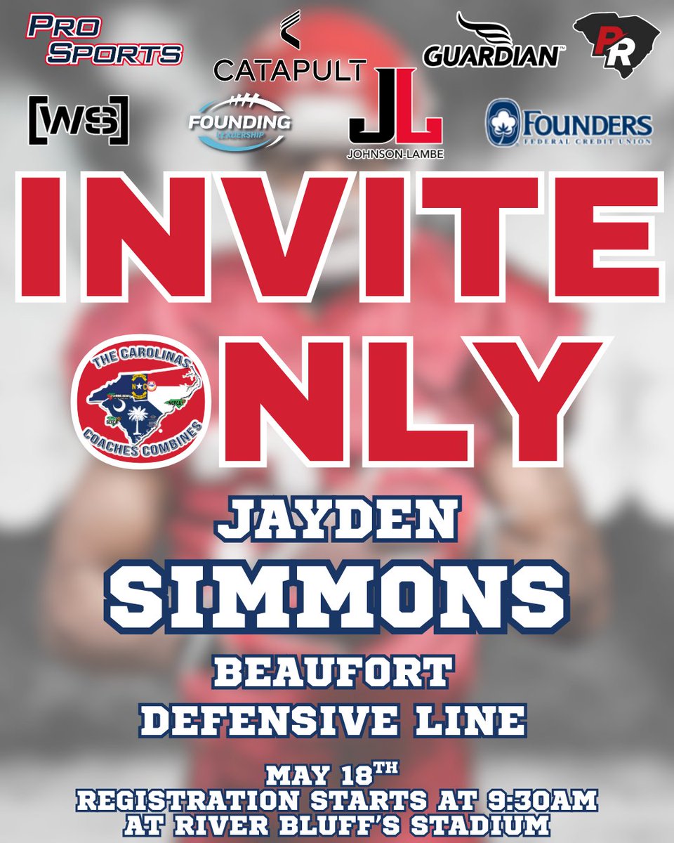 Carolinas Coaches Combine (@coachescombines) on Twitter photo Congratulations to Jayden Simmons from <a href="/BeaufortFB/">Beaufort Football</a> for being selected to attend the Invite-Only Event on May 18 at River Bluff High School! Registration begins at 9:30 AM!
#CCC2025 @johnsonlambe <a href="/SCFCA1/">SCFCA</a> <a href="/brycelybrand/">Bryce Lybrand</a> Congratulations to Jayden Simmons from <a href="/BeaufortFB/">Beaufort Football</a> for being selected to attend the Invite-Only Event on May 18 at River Bluff High School! Registration begins at 9:30 AM!
#CCC2025 @johnsonlambe <a href="/SCFCA1/">SCFCA</a> <a href="/brycelybrand/">Bryce Lybrand</a>
