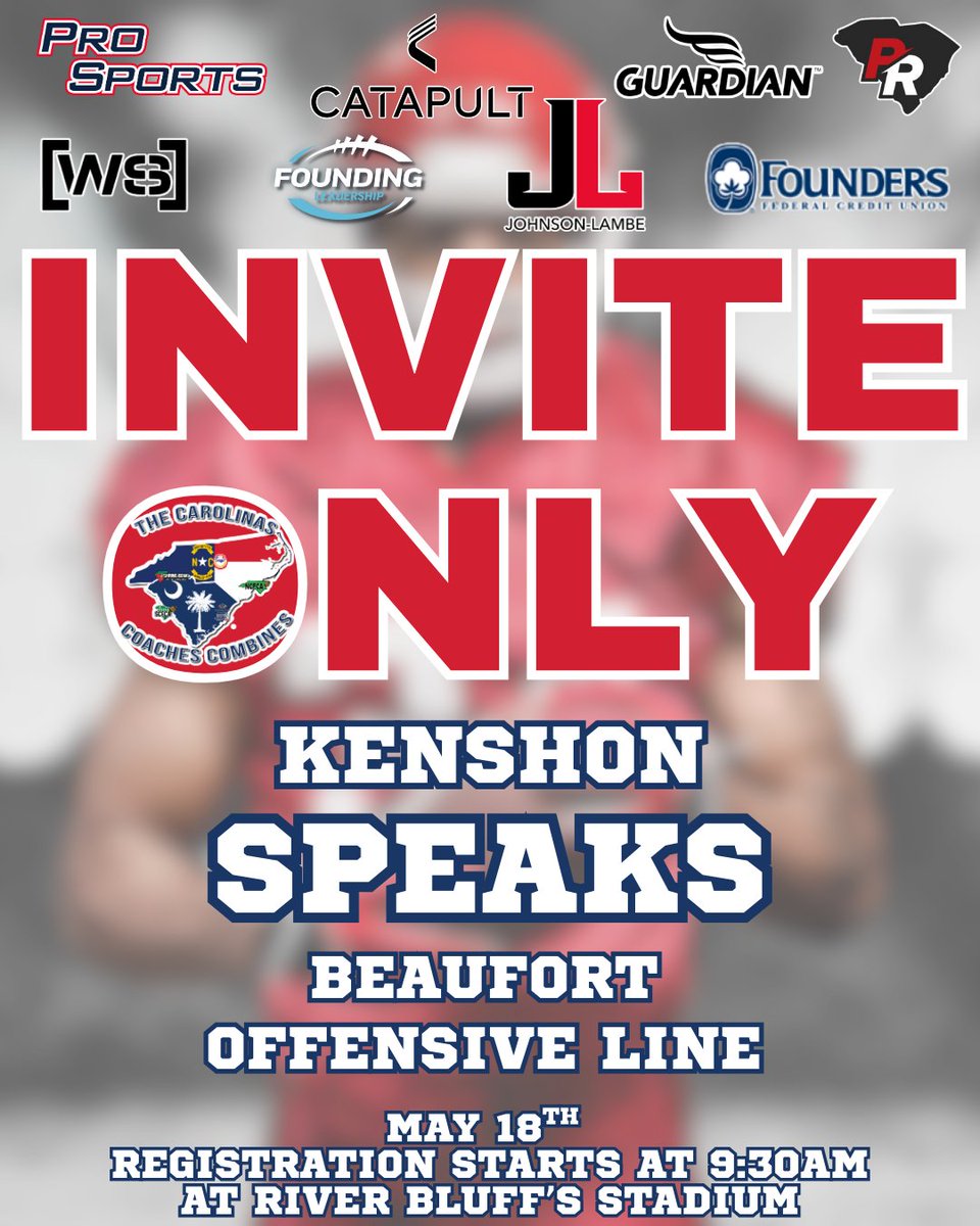 Carolinas Coaches Combine (@coachescombines) on Twitter photo Congratulations to Kenshon Speaks from <a href="/BeaufortFB/">Beaufort Football</a> for being selected to attend the Invite-Only Event on May 18 at River Bluff High School! Registration begins at 9:30 AM!
#CCC2025 <a href="/johnsonlambe/">Johnson Lambe Sporting Goods</a> <a href="/SCFCA1/">SCFCA</a> <a href="/kspeaks75/">Kenshon Speaks</a> <a href="/brycelybrand/">Bryce Lybrand</a> Congratulations to Kenshon Speaks from <a href="/BeaufortFB/">Beaufort Football</a> for being selected to attend the Invite-Only Event on May 18 at River Bluff High School! Registration begins at 9:30 AM!
#CCC2025 <a href="/johnsonlambe/">Johnson Lambe Sporting Goods</a> <a href="/SCFCA1/">SCFCA</a> <a href="/kspeaks75/">Kenshon Speaks</a> <a href="/brycelybrand/">Bryce Lybrand</a>