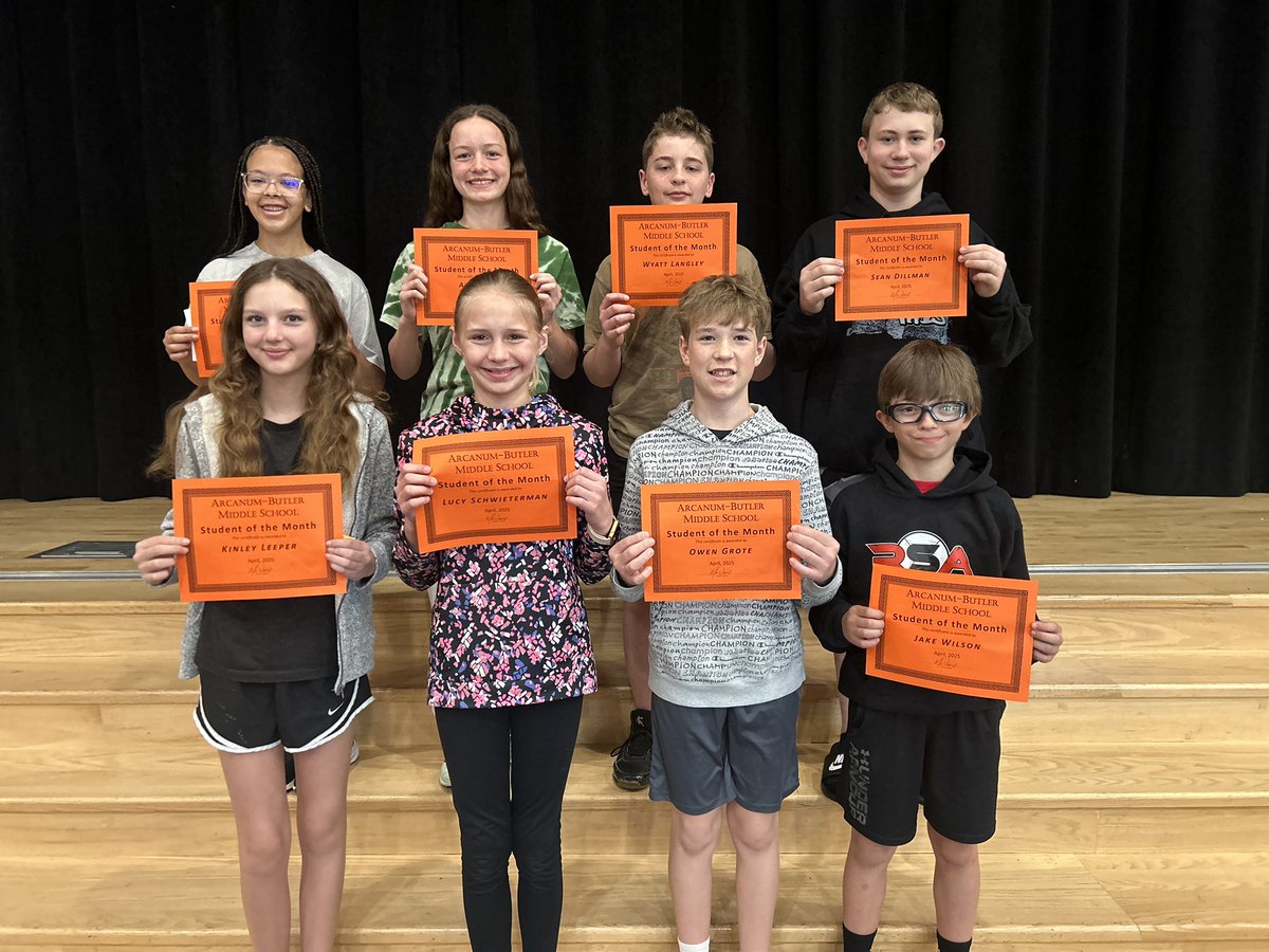 Congratulations to our April Students of the Month!  

5th Owen Grote &amp; Lucy Schwieterman
6th Jake Wilson &amp; Kinley Leeper
7th Wyatt Langley &amp; Ally Eley
8th Sean Dillman &amp; Tehya Whitaker.