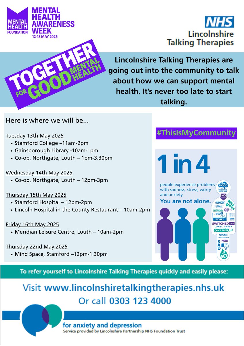 Next week is #MentalHealthAwarenessWeek and the theme is all about getting involved in the community. Lincolnshire Talking Therapies are going out into the community to connect with people needing our services. Take a look at where we will be and come say hello #ThisIsMyCommunity