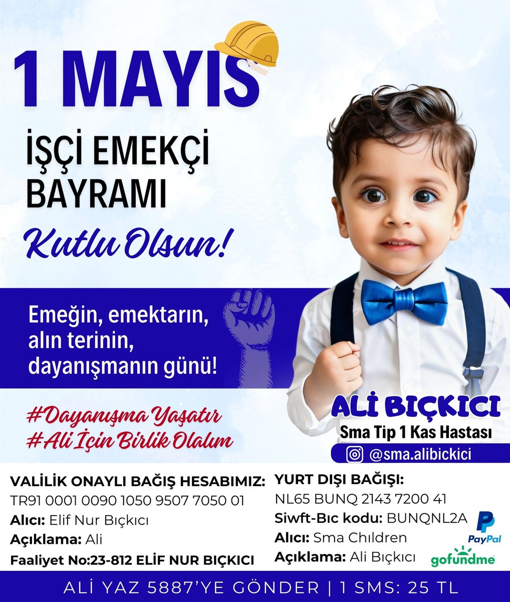 1 Mayıs, emeğin ve dayanışmanın günü…Bugün, küçük bedenlerle büyük mücadeleler veren SMA’lı çocuklarımız için de dayanışma günü.
Ali’nin bir umudu da sen ol, emeğinle, desteğinle bu yolculukta onun yanında yer al.Birlik olursak, her şey mümkün!
#1MAYIS
#1MayısEmekveDayanışmaGünü