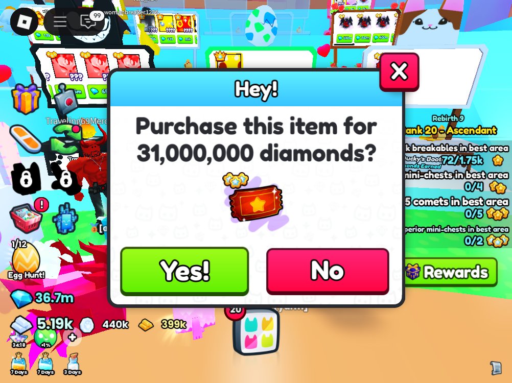 EugamusOrig2's tweet photo. I did a thing at the plaza. Fingers cross!!! 🤞🤞 My first ticket for 31m gems. Wish me luck. 🤞🤞
#Ps99 #PureF2PLuck #iloveroblox_twotwo account https://t.co/2WREu5yHXa