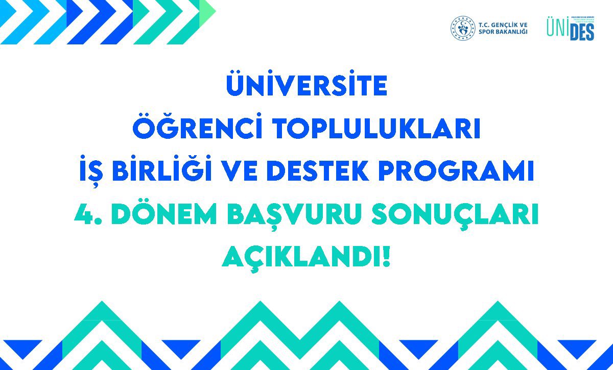 Üniversite Öğrenci Toplulukları İş Birliği ve Destek (ÜNİDES) Programı 4. Dönem Başvuru Sonuçları Açıklandı!

81 ilden toplam 1288 proje destek almaya hak kazandı! 🎓🌟

Projeleri onaylanan tüm öğrenci topluluklarını tebrik ediyoruz!
 👉 genclikhizmetleri.gov.tr