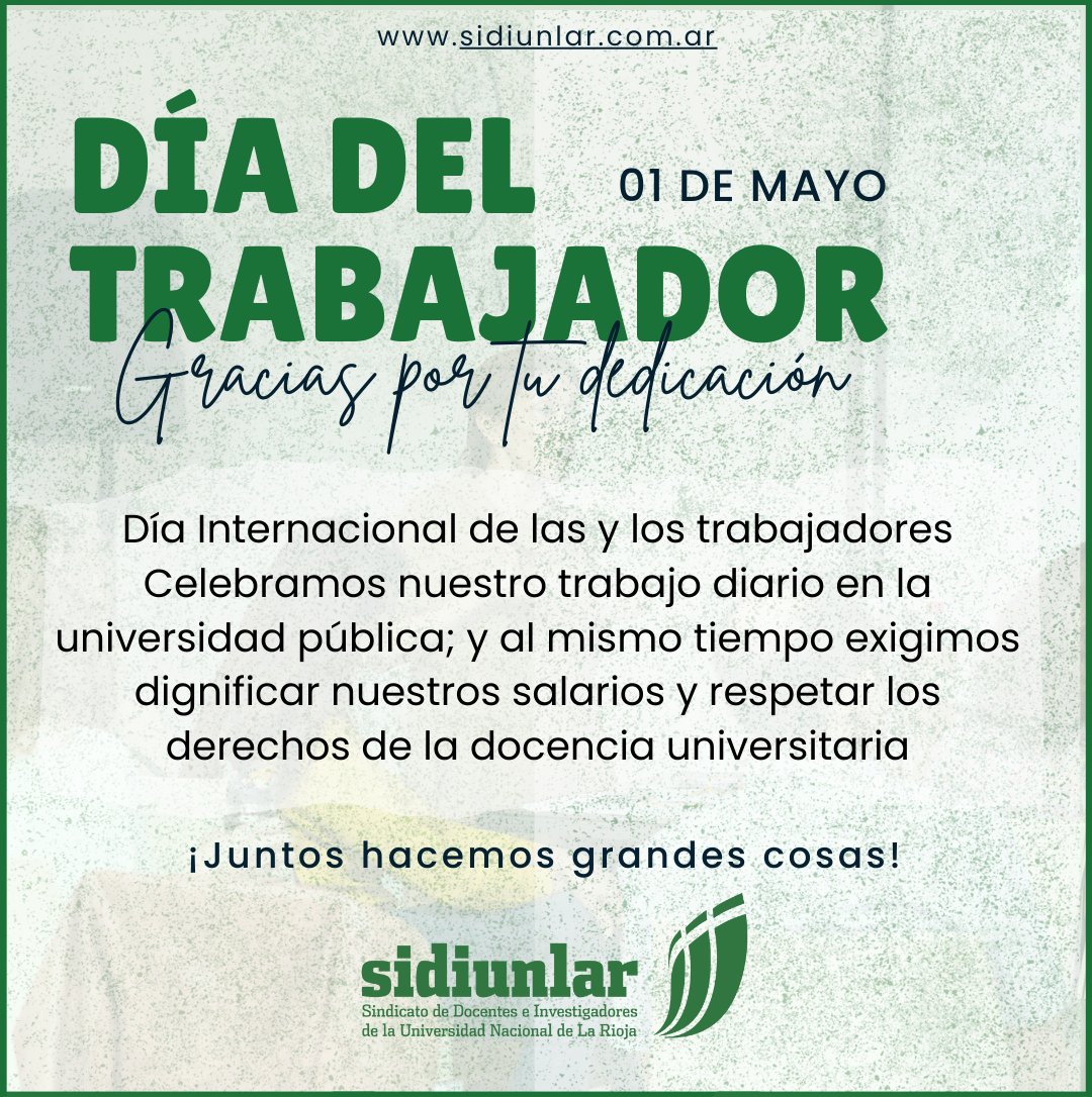 1 de Mayo:  Dia de las y los trabajadores
Celebramos nuestro trabajo diario en la universidad pública; y al mismo tiempo exigimos dignificar nuestros salarios y respetar los derechos de la docencia universitaria.
¡Feliz día!