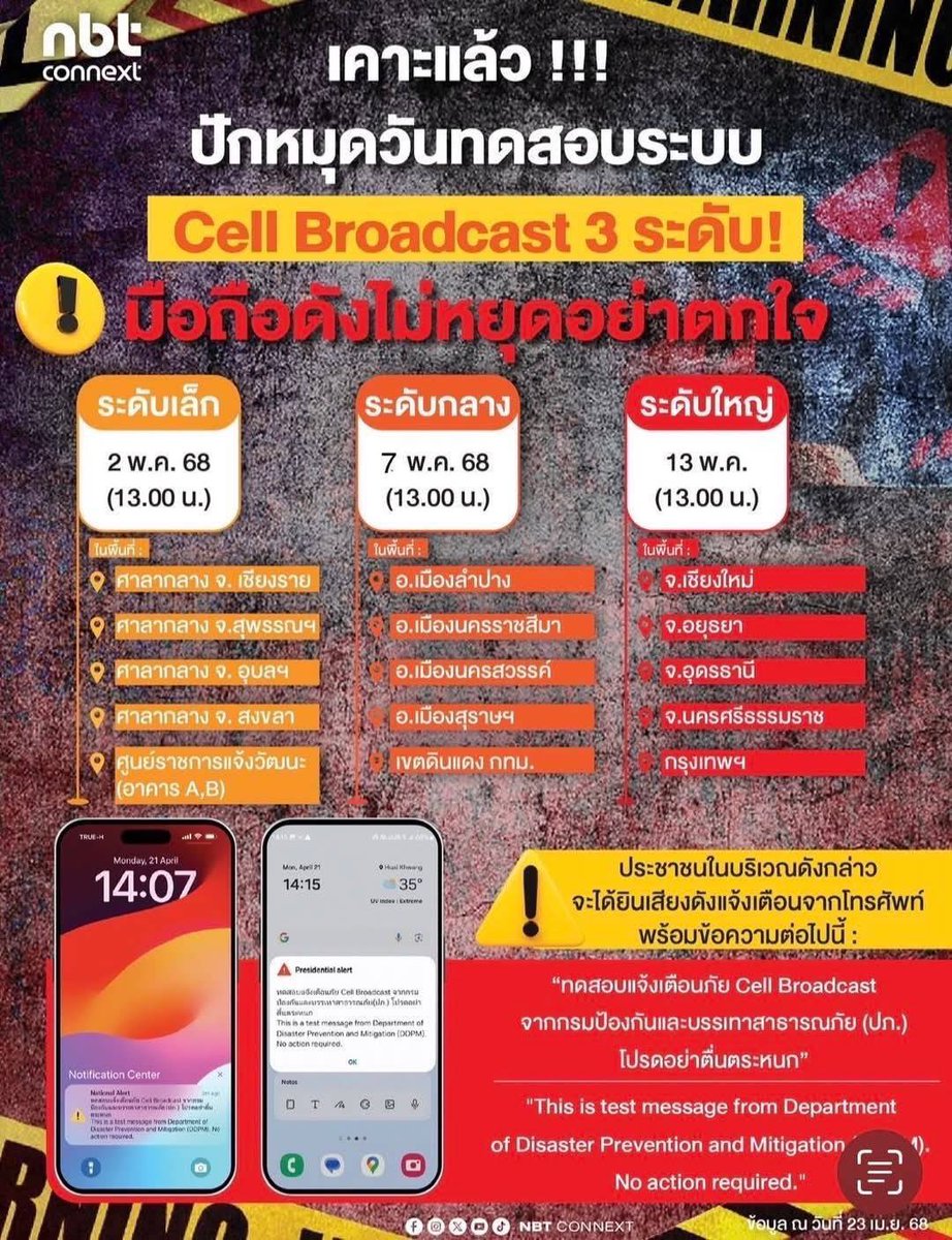 DanuphornP's tweet image. แจ้งเตือน วันทดสอบระบบ Cell Broadcast ทั้ง 3 ระดับครับ 

วันที่ 2,7 และ 13 พฤษภาคม 2568 ครับ

#cellbroadcast