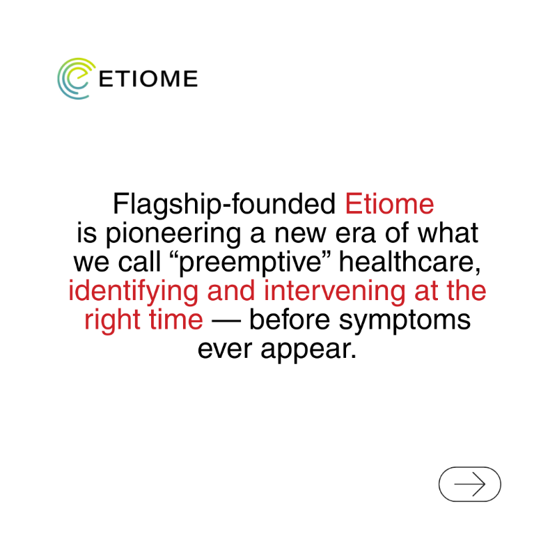 FlagshipPioneer's tweet photo. Learn more about our newly unveiled company @etiome, founded from Flagship's Preemptive Health and Medicines Initiative, which is pioneering a new field to protect, maintain, or improve people's health before they get sick in this essay: https://t.co/ZwvHqOu8c1