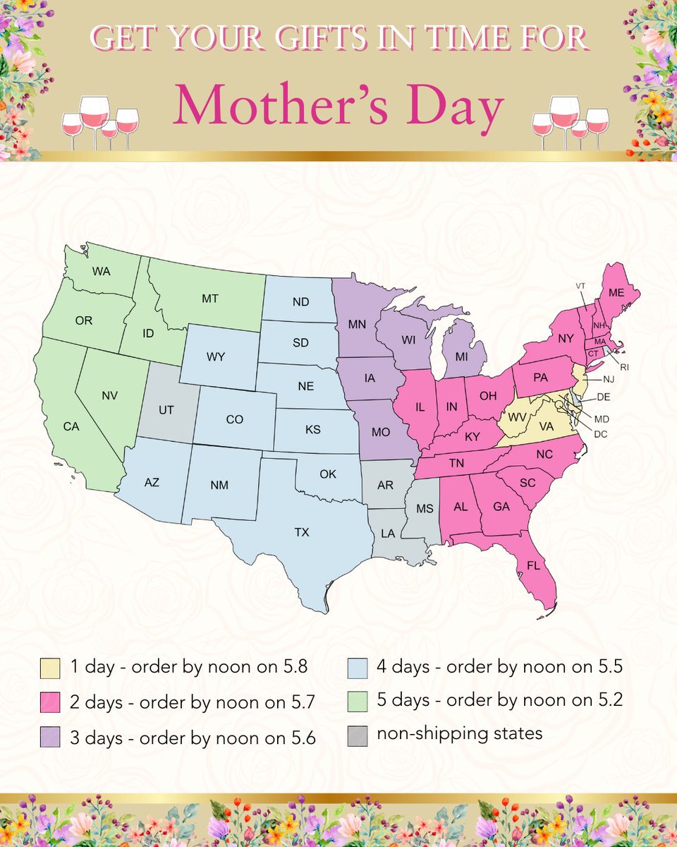 Use this helpful guide to ensure that Mom's gifts arrive on time! 🍷🎁
West coast customers - order by tomorrow at 12PM EST. ✨

#MothersDay #TrumpWinery #Shipping