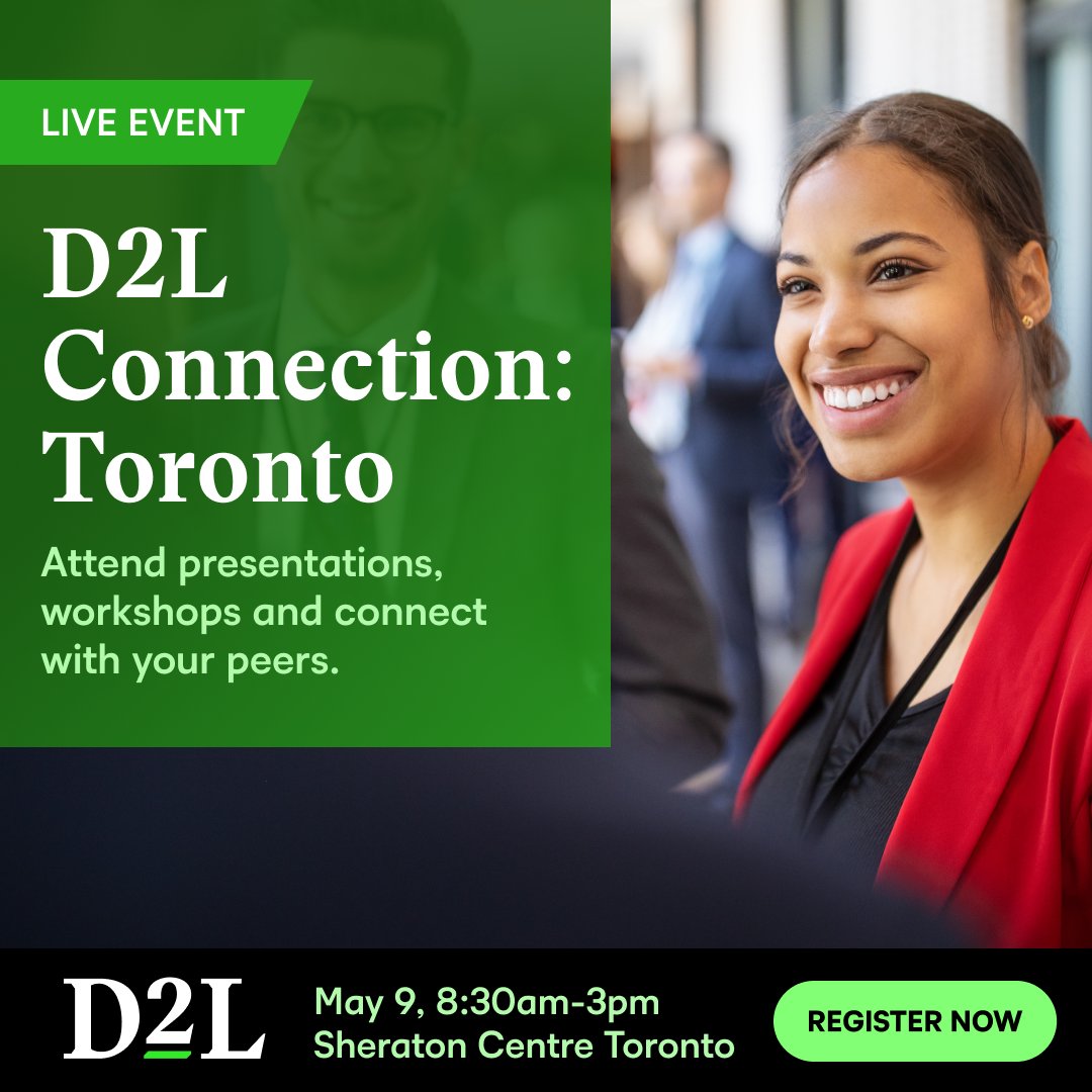 Want actionable insights + real connections?

Join us at #D2LConnection: Toronto for a full day of learning, networking &amp; hands-on strategy.

📅 May 9  | 📍 Toronto

Register now: d2l.com/events/d2l-con…
#EdTech #HigherEd #CorporateLearning #D2L