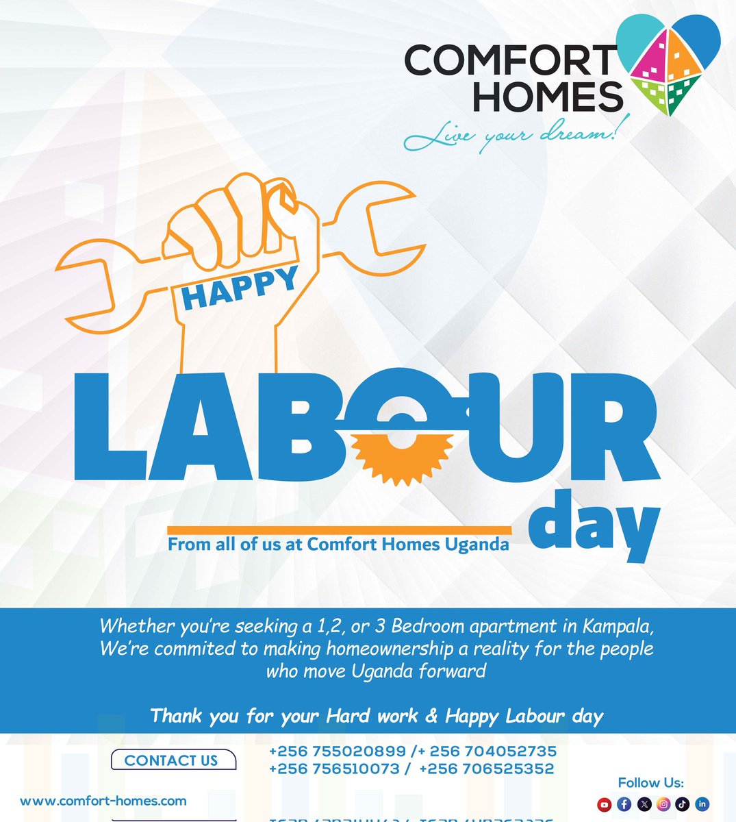 comforthomesug's tweet photo. Today we honour every hand that builds, lifts, and carries our world.
Happy Labour Day to the real MVPs.

#Labourday2025 #RespectWorkers #kenyaTwitter #UgTwitter #AfricaRising https://t.co/UrqRQT5Cld
