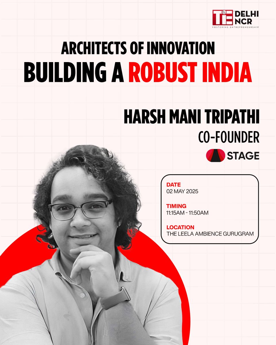 STAGE (@stagedotin) on Twitter photo Our co-founder, Harsh Mani Tripathi (<a href="/HarshMTripathi/">Harsh Mani Tripathi</a>), will speak tomorrow at TiE Delhi NCR’s (<a href="/TiEDelhi/">TiE Delhi-NCR</a>) Architects of Innovation on India Internet Day 2025. He’ll share insights on shaping a robust digital India.
📍Join us at The Leela Ambience, Gurugram! Our co-founder, Harsh Mani Tripathi (<a href="/HarshMTripathi/">Harsh Mani Tripathi</a>), will speak tomorrow at TiE Delhi NCR’s (<a href="/TiEDelhi/">TiE Delhi-NCR</a>) Architects of Innovation on India Internet Day 2025. He’ll share insights on shaping a robust digital India.
📍Join us at The Leela Ambience, Gurugram!