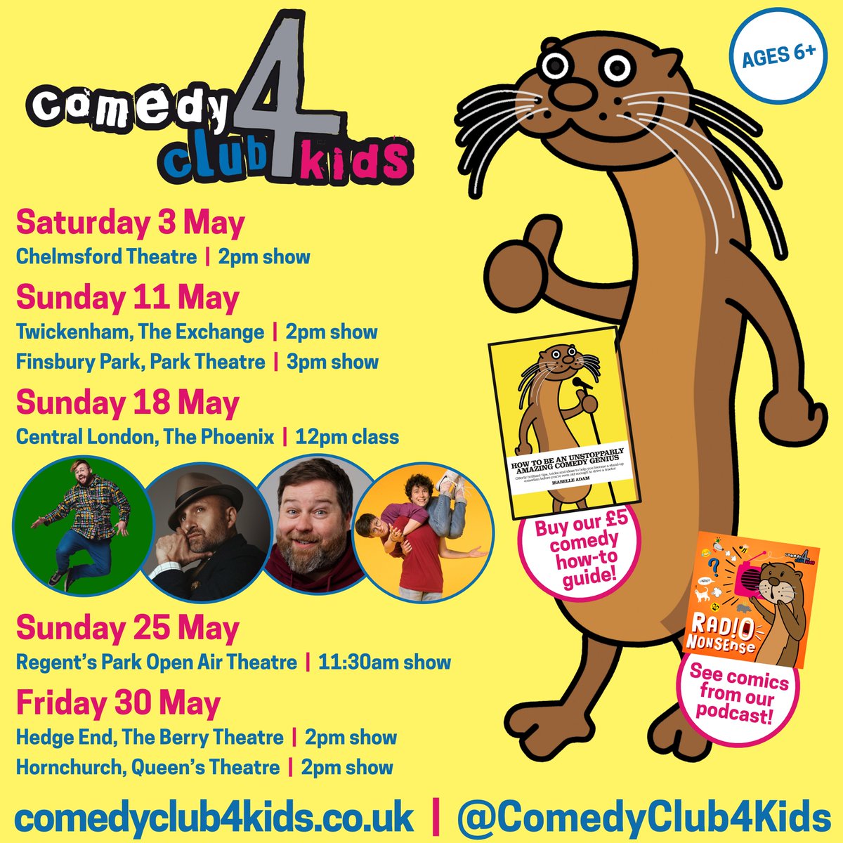 Comedy Club 4 Kids (@comedyclub4kids) on Twitter photo Fancy a giggle this May? Join us for our shows at:
⭐️Chelmsford <a href="/ChelmsTheatre/">Chelmsford Theatre</a> on Sat 3rd
⭐️Twickenham <a href="/ExchangeTwick/">Exchange Twickenham</a> and Finsbury Park
<a href="/ParkTheatre/">Park Theatre</a> on Sun 11th
⭐️Regent's Park <a href="/OpenAirTheatre/">Open Air Theatre</a> on Sun 25th
⭐️Hedge End <a href="/theberrytheatre/">The Berry Theatre</a> and Hornchurch <a href="/QueensTheatreH/">Queen's Theatre Hornchurch</a> on Fri 30th Fancy a giggle this May? Join us for our shows at:
⭐️Chelmsford <a href="/ChelmsTheatre/">Chelmsford Theatre</a> on Sat 3rd
⭐️Twickenham <a href="/ExchangeTwick/">Exchange Twickenham</a> and Finsbury Park
<a href="/ParkTheatre/">Park Theatre</a> on Sun 11th
⭐️Regent's Park <a href="/OpenAirTheatre/">Open Air Theatre</a> on Sun 25th
⭐️Hedge End <a href="/theberrytheatre/">The Berry Theatre</a> and Hornchurch <a href="/QueensTheatreH/">Queen's Theatre Hornchurch</a> on Fri 30th