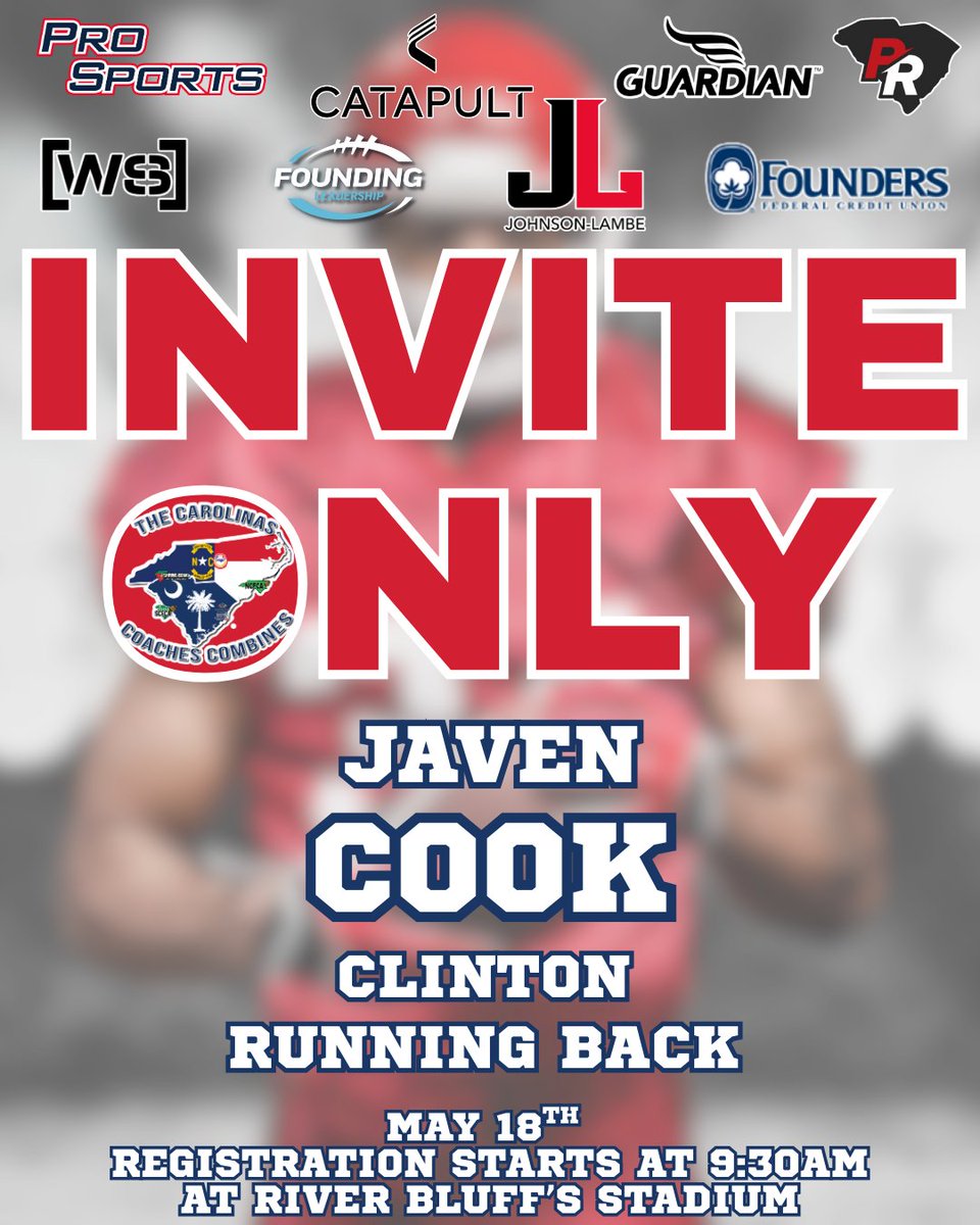Carolinas Coaches Combine (@coachescombines) on Twitter photo Congratulations to Javen Cook from <a href="/clinton_devil/">Clinton Red Devil Football</a> for being selected to attend the Invite-Only Event on May 18 at River Bluff High School! Registration begins at 9:30 AM!
#CCC2025 @johnsonlambe <a href="/SCFCA1/">SCFCA</a> <a href="/javencook_5/">Javen Cook</a> @coreyfountain6 Congratulations to Javen Cook from <a href="/clinton_devil/">Clinton Red Devil Football</a> for being selected to attend the Invite-Only Event on May 18 at River Bluff High School! Registration begins at 9:30 AM!
#CCC2025 @johnsonlambe <a href="/SCFCA1/">SCFCA</a> <a href="/javencook_5/">Javen Cook</a> @coreyfountain6